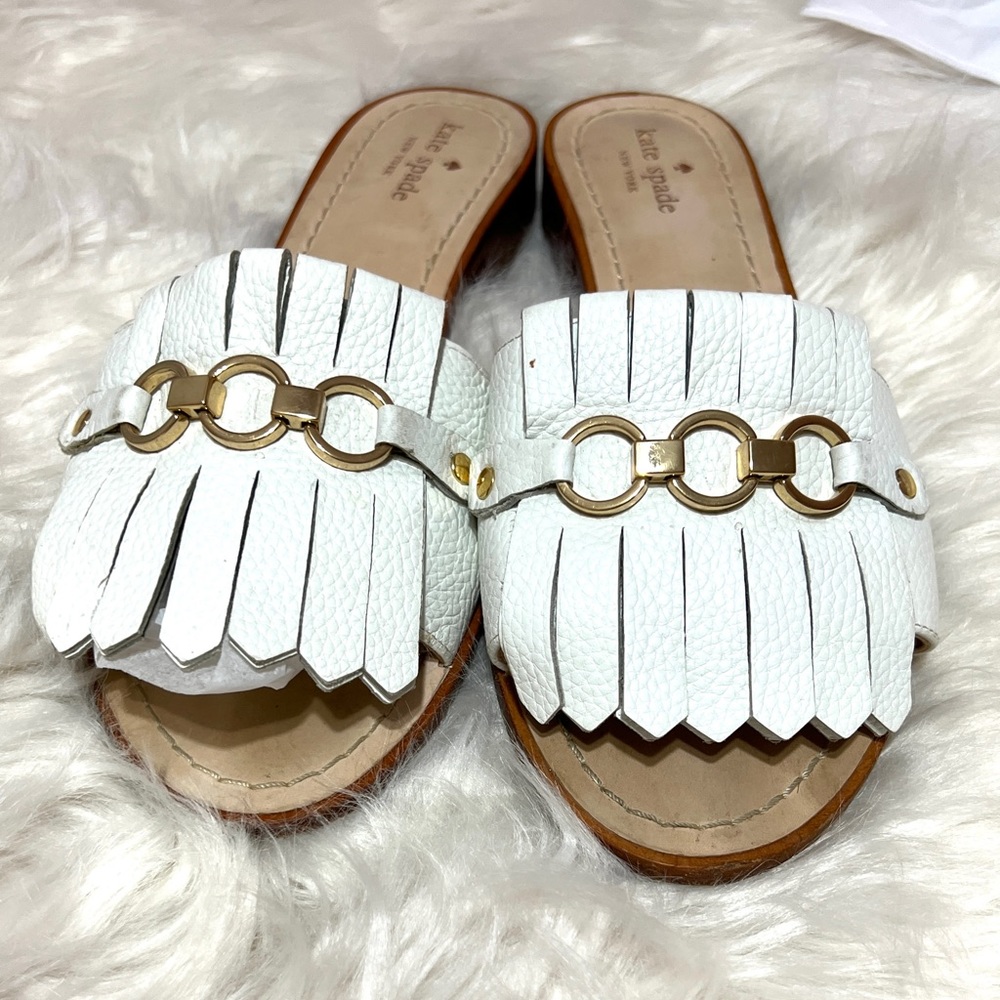 Kate Spade Brie White Leather Fringe Slides size 10M
